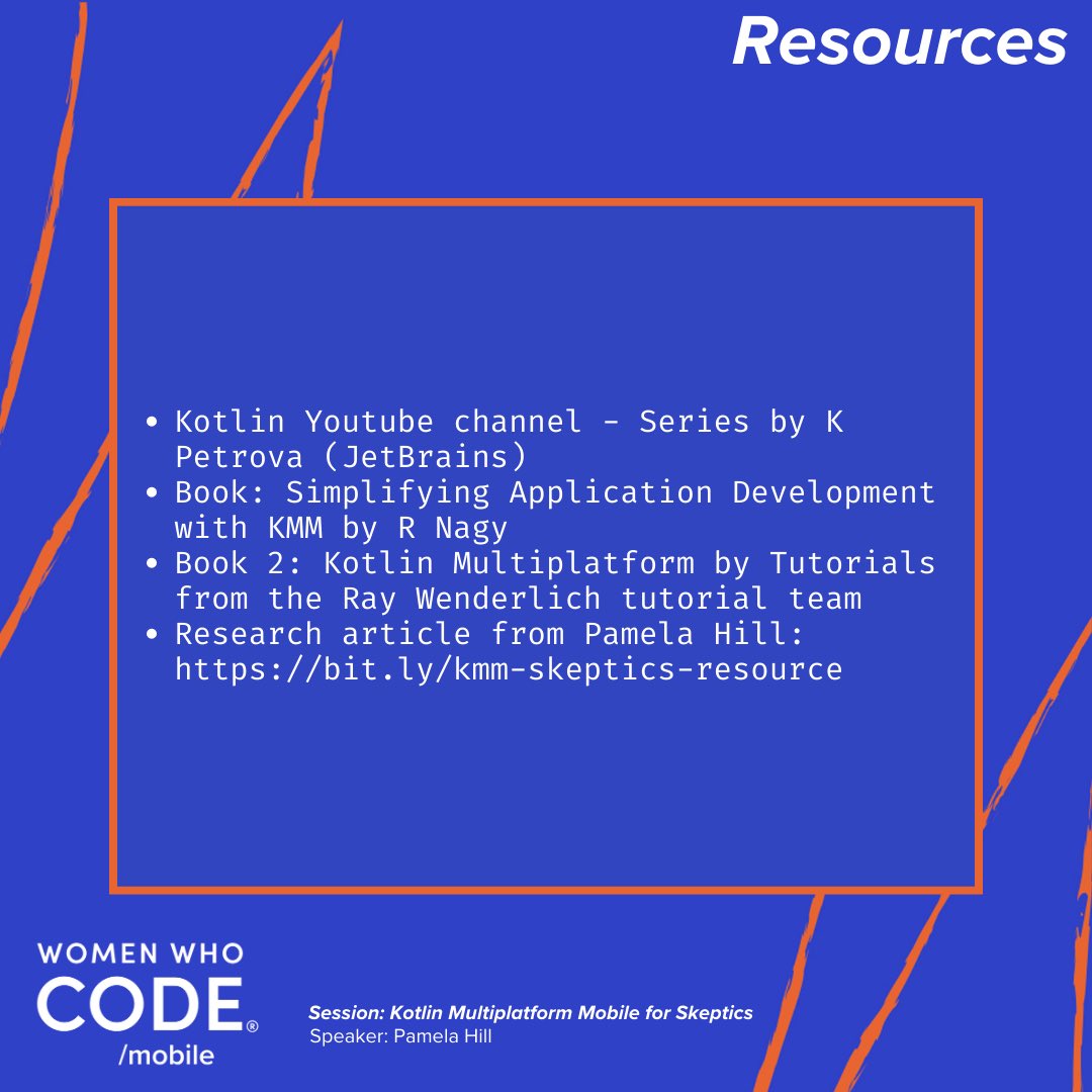 WWCodeMobile's tweet image. Check out the #KotlinMultiplatformMobile resources 📚@pamelaahill shared 

 1. Kotlin Youtube channel - Series by K Petrova (JetBrains)

2. Book: Simplifying Application Development with KMM by R Nagy

//Continued