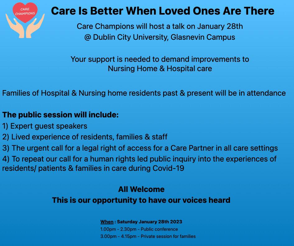 CareChampions2's tweet photo. #SaveTheDate 28th January 2023. Would love to see you there. Poster will be updated in coming days. 
Please retweet &amp; tag those who may be interested
#CarePartner #PublicInquiry 
@LeoVaradkar @MichealMartinTD @MaryButlerTD @MaryLouMcDonald @paulmurphy_TD @Toibin1 @Fergusodowd https://t.co/odrmC0nmIn