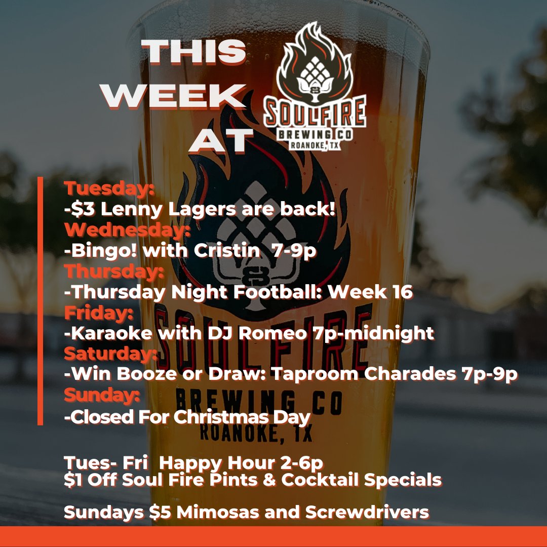 🔥 This Week at Soul Fire! 
Closed Sunday 12/25 for Christmas Day
#Roanoketx #thisweek #dfwthingstodo #fortworth #DallasTX