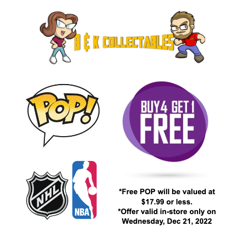 BKCollectables's tweet photo. Here's the Wednesday deal of our in-store #weekofdeals before #christmas!
Buy any 4 NHL or NBA #funkoPOPs and get a 5th one $17.99 or under for free!
Open 11am to 6pm. https://t.co/ajx8Vdgib9
