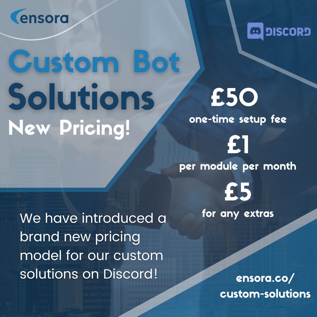 ensoraco's tweet photo. As promised, here is our new pricing model for our Custom Bot Solutions on Discord. Any questions please feel free to ask in the comments and we'll relay asap! https://t.co/LnK656VmP5