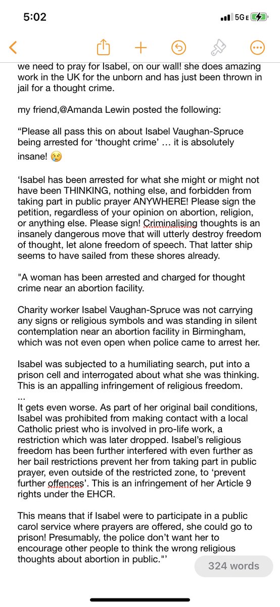 giannajessen's tweet photo. we need to pray for Isabel, on our wall! she does amazing work in the UK for the unborn and has just been thrown in jail for a thought crime.

my friend, Amanda Lewin posted the following:

“Please all pass this on about Isabel Vaughan-Spruce being arrested for ‘thought crime’ https://t.co/e1EGaOltaQ