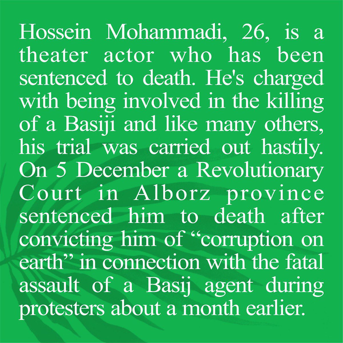 AiftaaOfficiall's tweet photo. #HosseinMohammadi , 26, is a theater actor who has been sentenced to death.
#aiftaa
#Association_of_Iranian_film_and_theatre_artists_abroad
#MahsaAmini
#کانون_هنرمندان_ایرانی_فیلم_تئاتر_برون_مرز https://t.co/o99SB2Rvbc