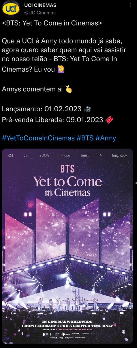 SYW_brasil's tweet photo. Eita! Cinemas como a Cinepolis, Cinemark e UCI já confirmaram as vendas do Yet to come Busan show

Cinepolis e Cinemark: 11 de janeiro
UCI: pré-venda 09 de janeiro 
Data do show: 01 de fevereiro 
@BTS_twt https://t.co/cSFa0QErpl
