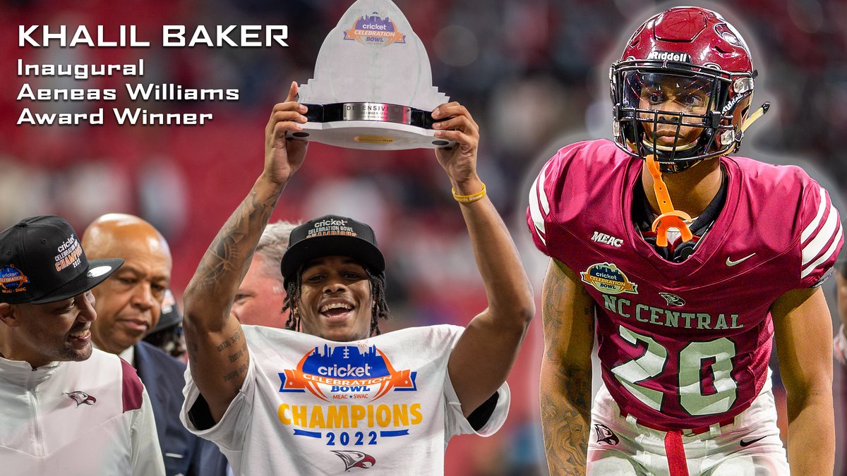 AWARD WINNER! <a href="/NCCU_Football/">NC CENTRAL FB | 🦅🏆🦅</a>'s Khalil Baker Named Inaugural Aeneas Williams Award Winner - presented to the nation's best defensive back in HBCU Division I college football. (Oklahoma Sports Hall of Fame)

Story: nccueaglepride.com/news/2022/12/2…

#EaglePride | #EagleEra 
<a href="/MEACSports/">Mid-Eastern Athletic Conference</a>