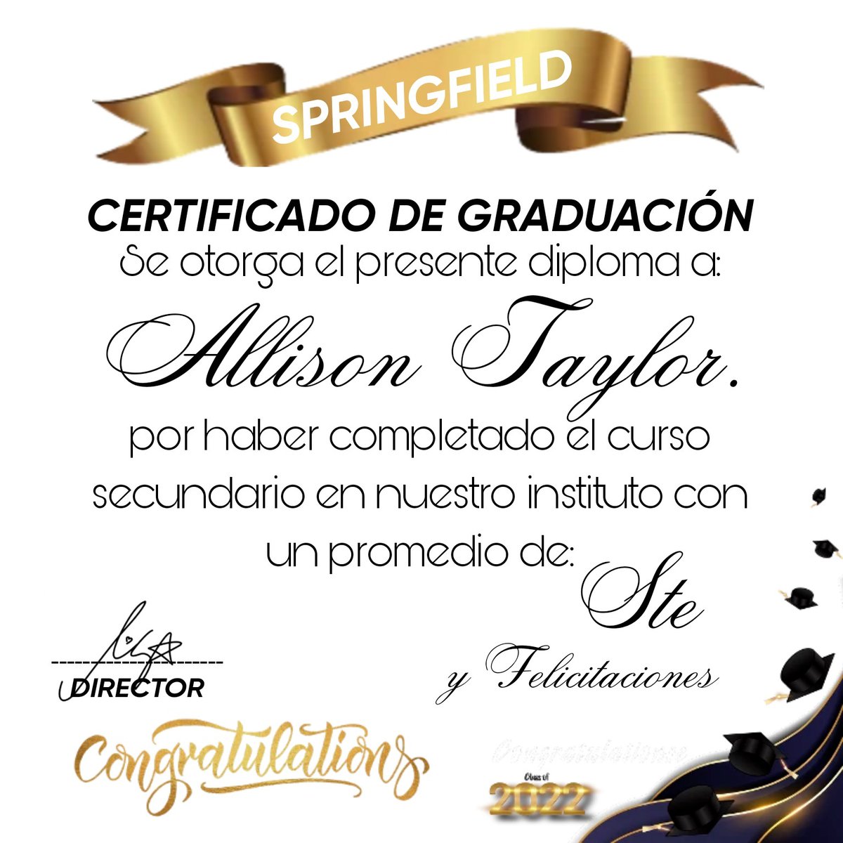 ThSimpsonsRp's tweet photo. 🥇 ALLISON TAYLOR
> @x_AllyTay
Se gradúa de nuestro instituto con un promedio de 100 % Ste
Y FELICITACIONES
¡Muchas felicidades!
#Graduación2022 #SpringfieldRp https://t.co/NchrlUJPeQ