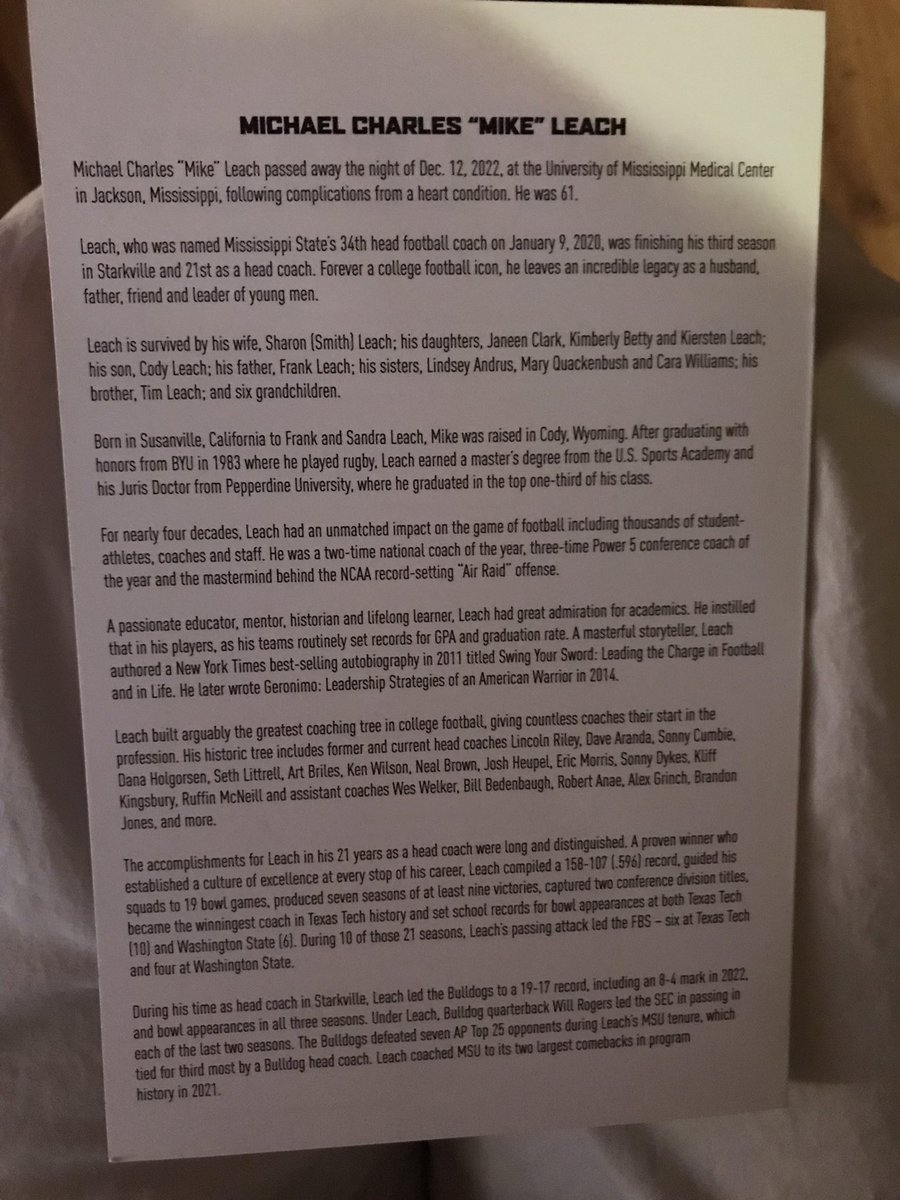 MaroonMary's tweet photo. This is a copy of the program for the Leach Memorial. It was a great tribute to our coach. It made me feel proud. The one sour spot today came from Minshew.  Totally unnecessary in my opinion. https://t.co/DKgdKfkMqM