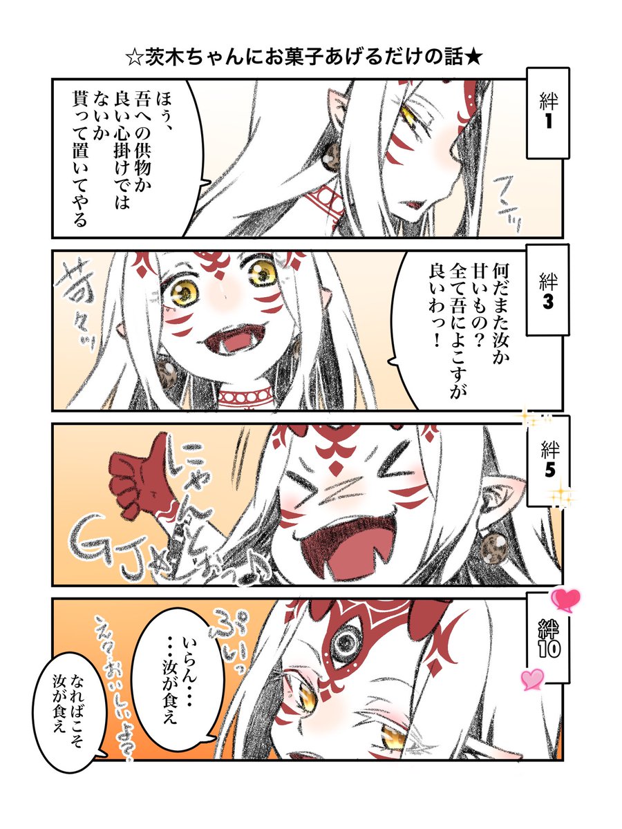 おはようございまっす(●'ω`●)水曜日☆ミ
今週も折り返し程よくできる範囲で頑張りませう(● ˃̶͈̀ロ˂̶͈́)੭ꠥ⁾⁾ふぁいおー♪

今日の過去絵は我が家の茨木ちゃん好感度比べなのです(๑˃̵ᴗ˂̵)かーいいよ☆ミ 
