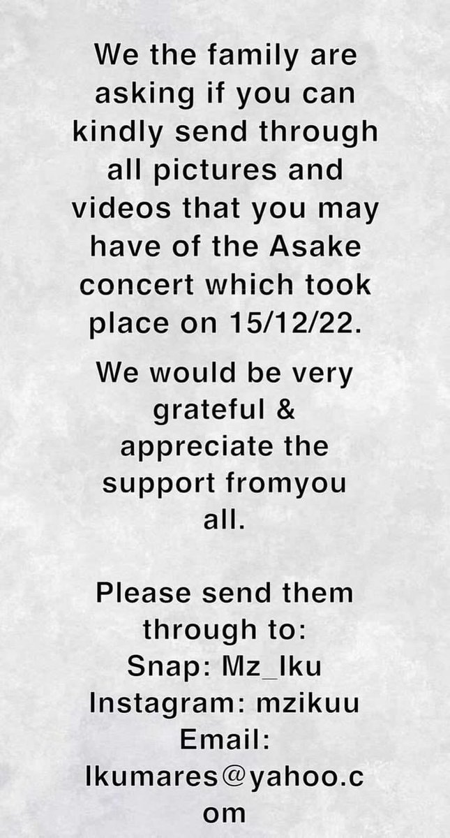 Please share - please send ANY and EVERY video you have. This email has been confirmed by Rebecca Iku’s family 🙏🏾.