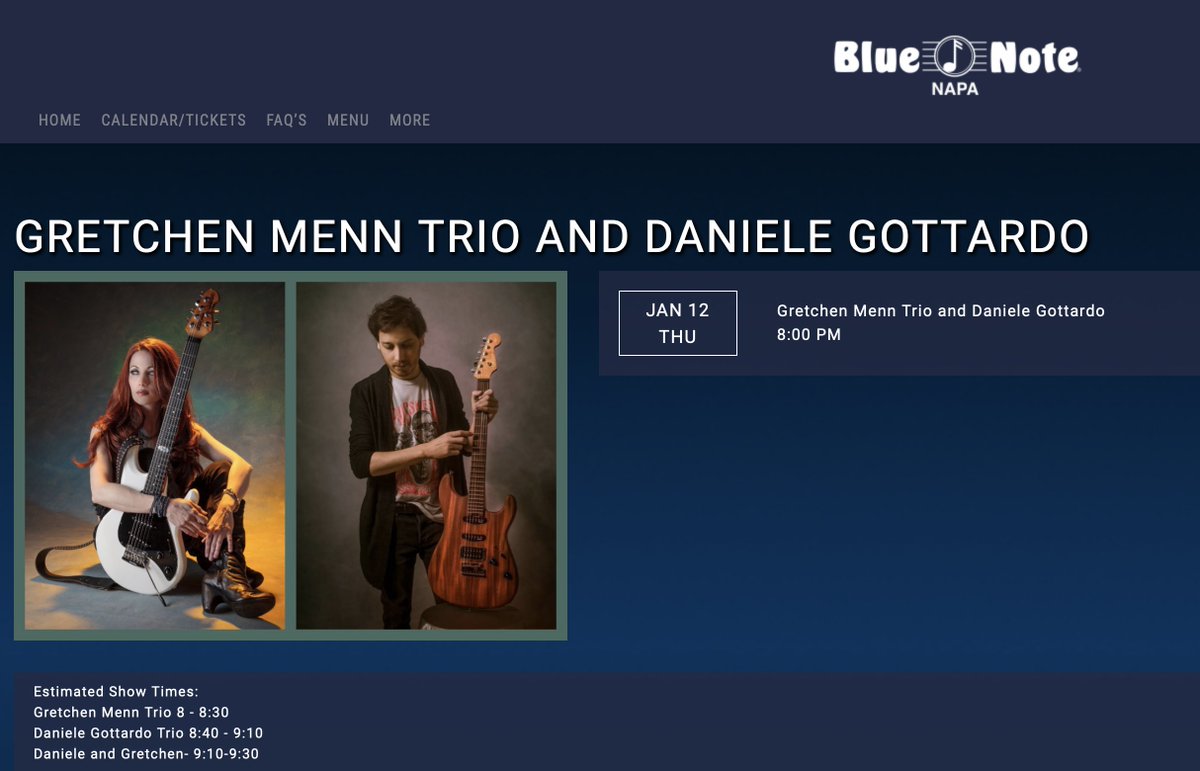 Thrilled to be performing at the Blue Note Napa on January 12 with Thomas Perry on drums and Aaron Germaine on bass. And we will be sharing the evening with <a href="/GretchenMenn/">Gretchen Menn</a> Trio! We will both play a set of our originals and then a short set together to wrap up the night!
