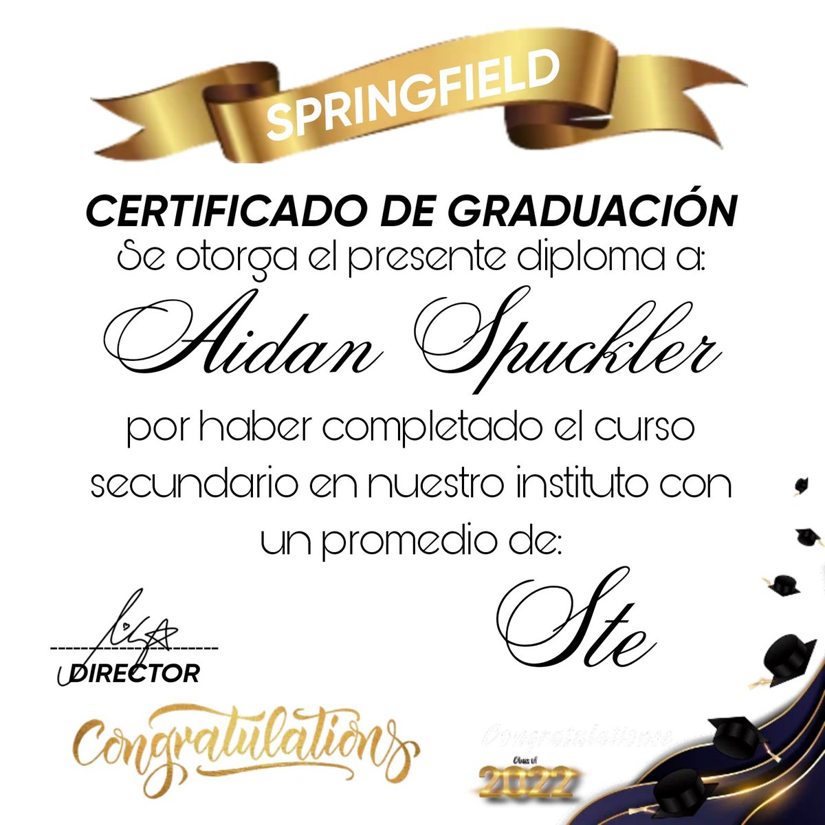 ThSimpsonsRp's tweet photo. 🥇 AIDAN SPUCKLER
> @LuzDeRebeldia
Se gradúa de nuestro instituto con un promedio de 99 % Ste
¡Muchas felicidades!
#Graduación2022 #SpringfieldRp https://t.co/xMC0IiHTTJ