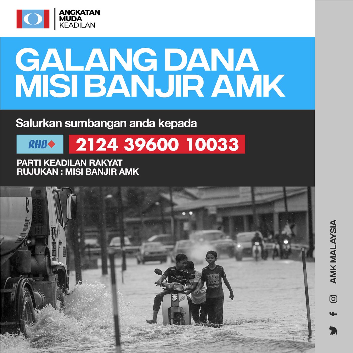amkreformasi's tweet photo. Galang Dana Misi Banjir AMK Malaysia

Kami menyeru jasa &amp; budi rakyat Malaysia untuk menyalurkan sumbangan ikhlas anda bagi menjalankan misi banjir di Negeri Kelantan &amp; Terengganu. 

Barangan sumbangan &amp; panggilan sukarelawan Laskar Bencana sedang dipergiatkan. https://t.co/BURXip7D1a
