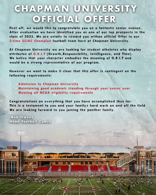 I am honored to receive a offer to continue my athletic and academic career at Chapman University! Thank you <a href="/Coach_MikeLahey/">Mike Lahey</a> and the rest of Chapman staff. <a href="/tmeperformance/">Tyrone Taylor Route 101 NC</a> <a href="/Provinggroundsp/">Provinggroundssp</a> <a href="/westcoastpreps_/">West Coast Preps</a> <a href="/NGHS_Football/">Northgate Football 🏈</a> <a href="/BrandonHuffman/">Brandon Huffman</a>