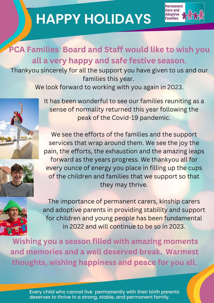PCAFamilies's tweet photo. PCA Families will be closed 24 December 2022 to 8 January 2023.
💚If you need assistance during the break, please see our emergency and crisis support page online.💚
https://t.co/HLckHhFT3u
#PCAFamilies #Adoption #PermanentCare #KinshipCare #Trauma https://t.co/QNqnAQBKNp