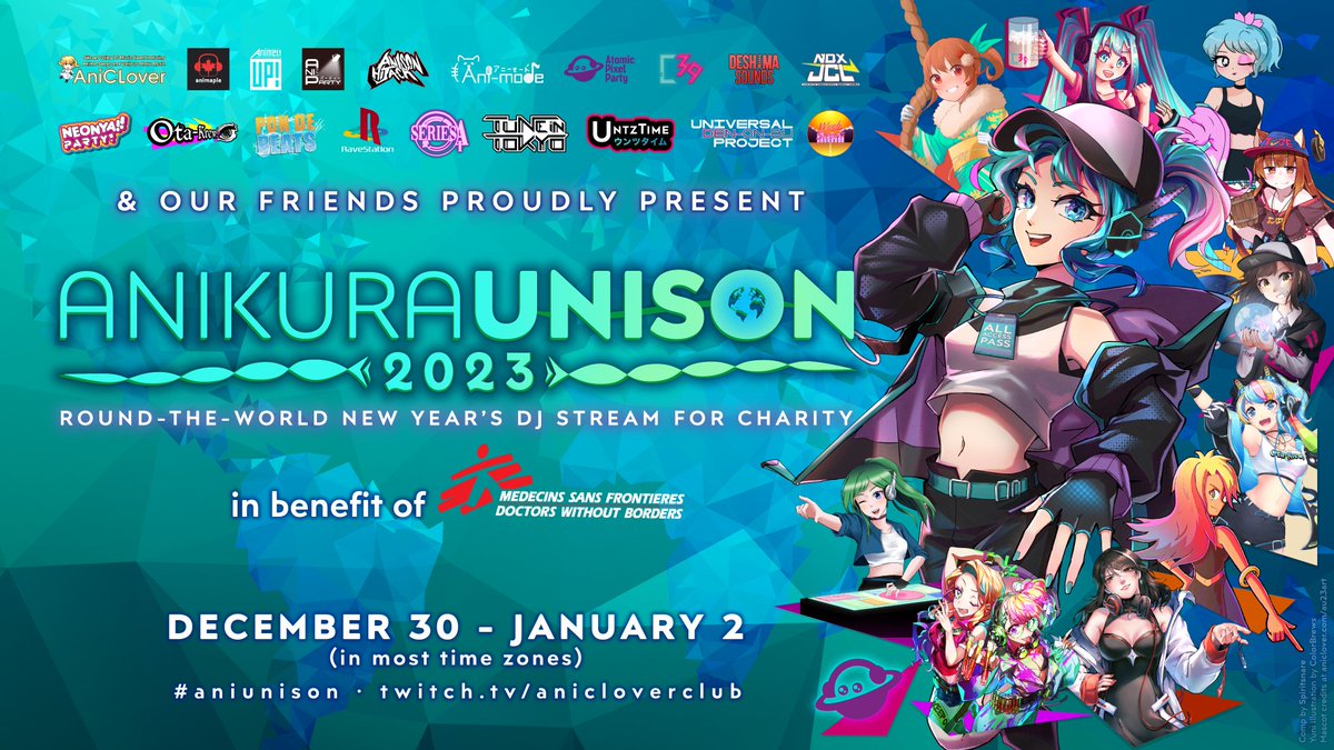 AniClover's tweet photo. Anikura Unison 2023 is almost here:

Dec 30: 4:50PM PST / 7:50PM JST
Dec 31: 00:50 UTC, 01:50 CET, 07:50 WIB, 09:50 JST/KST

19 participating groups from around the world plus 17 special guests totaling 113 DJs!

https://t.co/Q79lgpkPyQ
#aniunison

1/ https://t.co/W20lNz33b5
