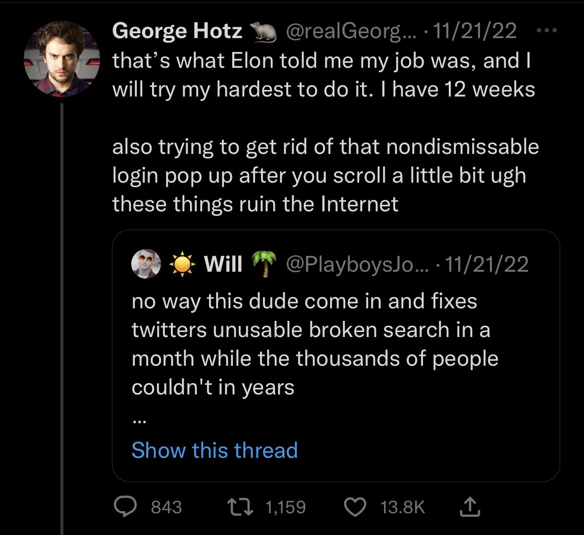goldman's tweet photo. I regret to inform you that the JavaScript that was going to completely rewrite Twitter Search including the ranking algo will not in fact be shipping. I know this comes as a shock. https://t.co/UHBO3t4EcU