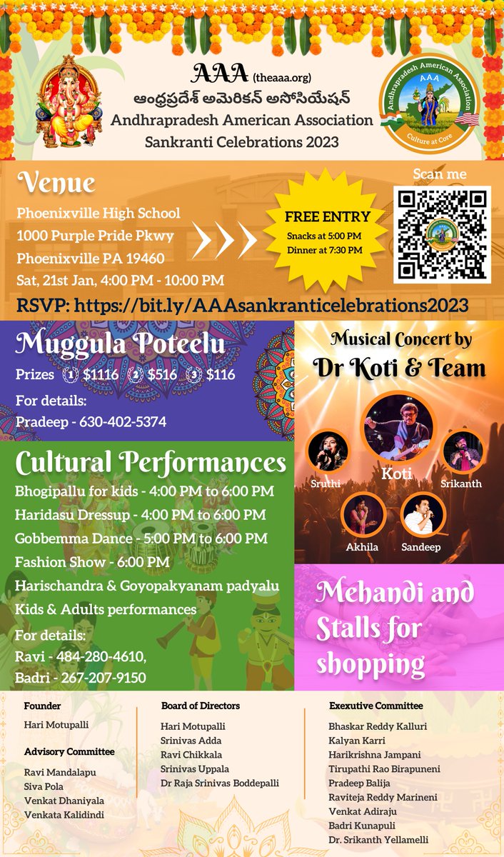 theaaa_org's tweet photo. Please join AAA family for Sankranthi Celebrations on January 21st 2023. The Event will be held at Phoenixville High school,1000 Purple pride Pkwy,PA 19460, from 4:00 pm till 10:00 pm.
Use following link or QR code for RSVP:
https://t.co/w2IRzt4kPs

#TeluguNews #AndhraPradesh https://t.co/DDFy0t78bc