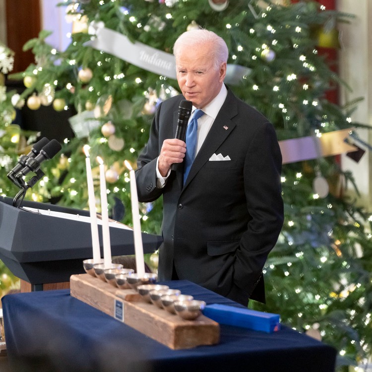 JoeBiden's tweet image. Yesterday, we lit the first-ever permanent White House menorah. This Hanukkah, let’s celebrate the rededication of ourselves to the spirit of resilience and unity.