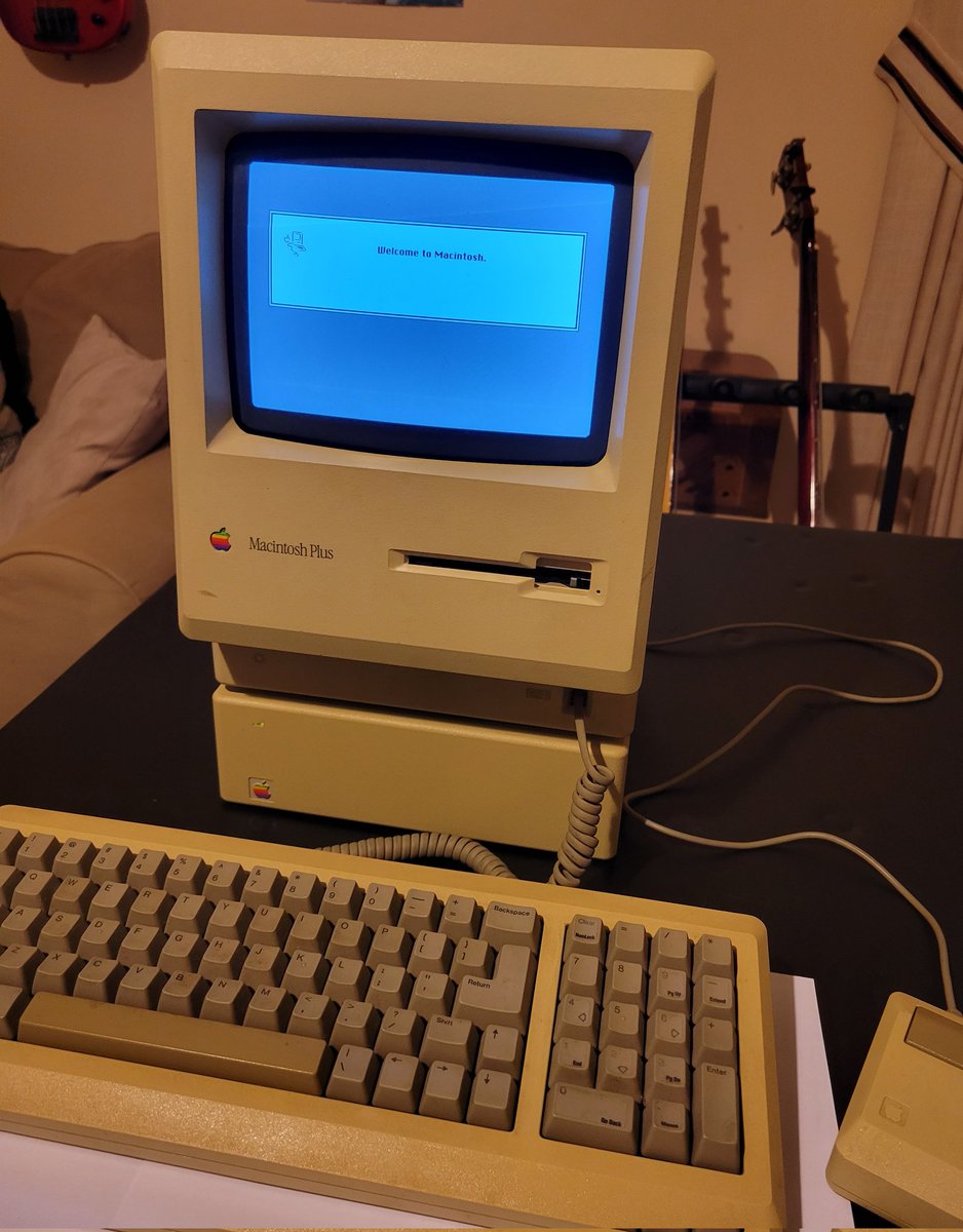 JoeCutrell's tweet photo. @dez_blanchfield Well, the Mac Plus booted up fine with the external 20MB. I was thinking of trying to find some old floppies... and then about 30 minutes of playing with it later - snap, crackle, pop! Now the house smells like burning Mac. LOL https://t.co/fddQvP5tNI