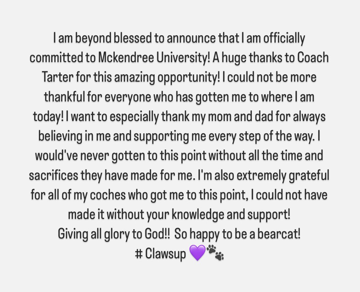 RiceKayelyn's tweet photo. 100% committed to Mckendree University! A dream come true!! Thanks to @Coach_Tarter for this amazing opportunity! So proud to be a bearcat!! 💜🐾 #Clawsup @McKendreeSB https://t.co/pqdIt92W3F