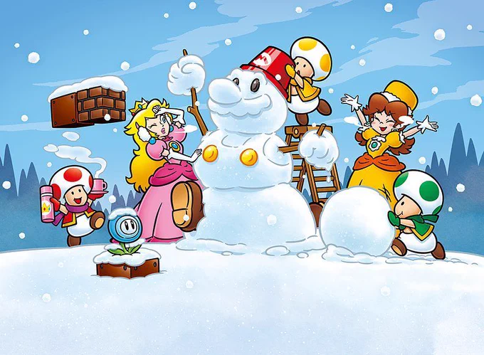 Daisy building a snowman with Peach and the Toads.  