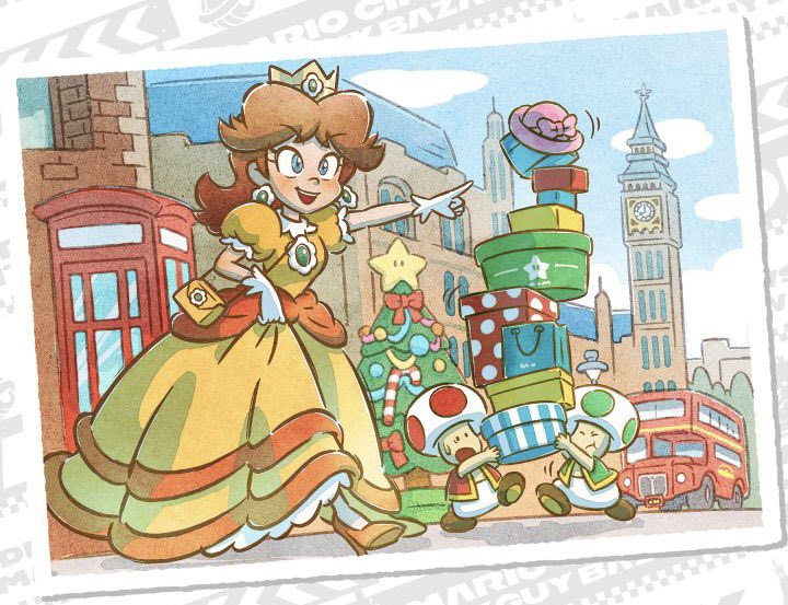 princess daisy 1girl brown hair dress crown gloves castle pointing  illustration images