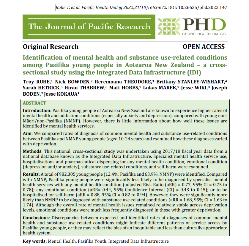 Out today in Pacific Health Dialog led by @RuheTroy  

Identification of #mentalhealth and substance use-related conditions Pasifika young people

See here: pacifichealthdialog.nz/index.php/phd/…

#openaccess #pacific #pacifichealth #publichealth #Pasifika #IntegratedDataInfrastructure