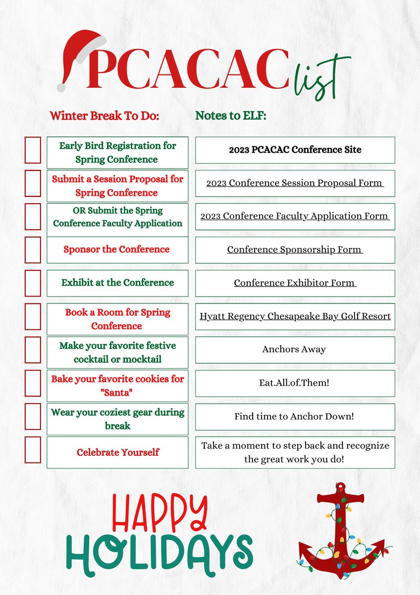PCACAC's tweet image. Your PCACAC Holiday To Do List
Find all the forms at pcacac.memberclicks.net/2023-conference.
#PCACAC58
#recreate &amp;amp; #reimagine