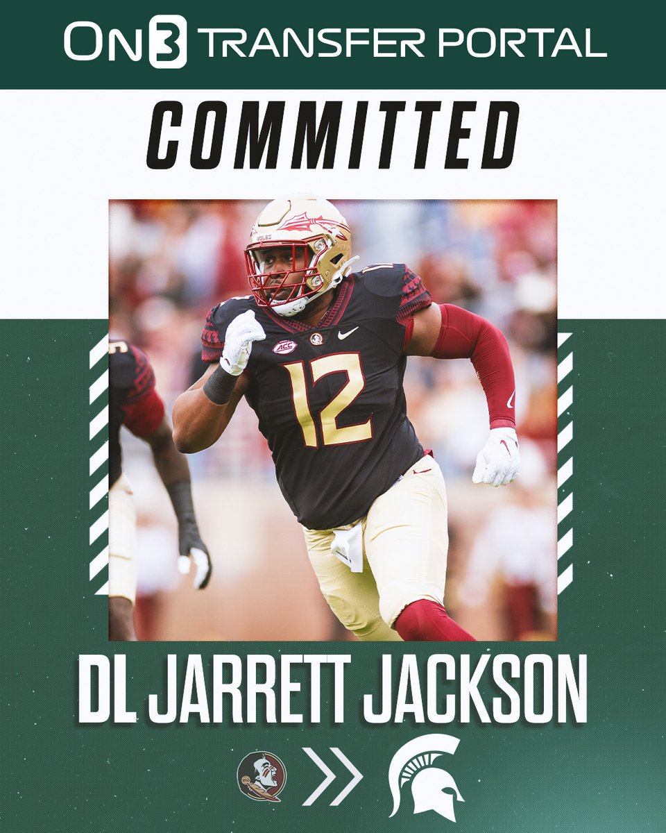 TheSpartanMag's tweet image. 🚨BREAKING🚨 Michigan State land a commitment from Florida State transfer DT Jarrett Jackson.

Jackson visited East Lansing last weekend and picked MSU over an offer from Miami (FL).

(FREE): on3.com/teams/michigan… @Jsavagee_5