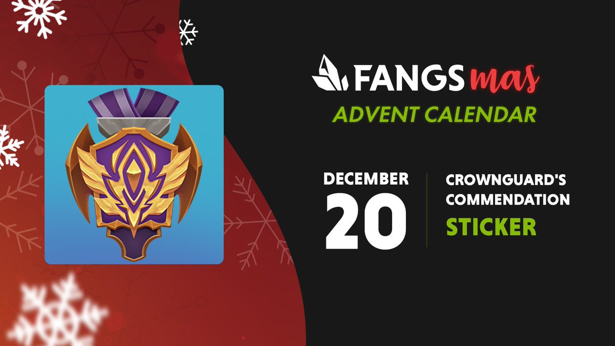 SoulforgeArena's tweet photo. For all the folks who like to flash a lil' taunt sticker here and there, you can claim this Crownguard's Commendation sticker from the #Fangs shop as part of our #Fangsmas giveaway! 💪🥇

🎁 The sticker leaves the shop @ 4pm PST on Dec 21, so be sure to claim it before it's gone! https://t.co/1LE1q3x2pq