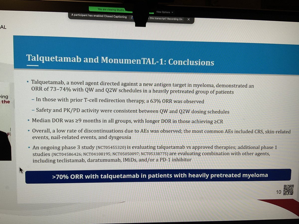 IMFnurseMyeloma's tweet photo. Talquetamab ORR at 2 dose levels, both levels showing strong efficacy with durability, esp in heavily pre-treated patients. New side effects include dysgeusia, hair, skin & nail changes. What could this do in combination??? #ASH22 @IMFMyeloma #IMFASH22 #mmsm https://t.co/arC4bKXhf5