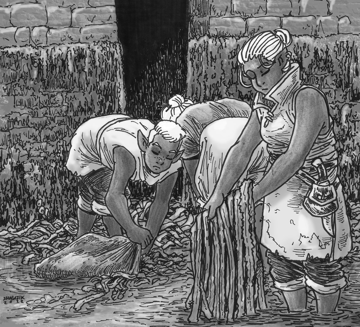 shabazik's tweet photo. #drawing done for #drowcember. The prompt was #mundane or everyday life. So decided to draw some #drow commoners picking up algae from a drained pond. The underground isn't source of that many food sources, so they have to be ingenuous about it.
#drowcember2022 #fantasyart #elf https://t.co/qUtxZYM66A