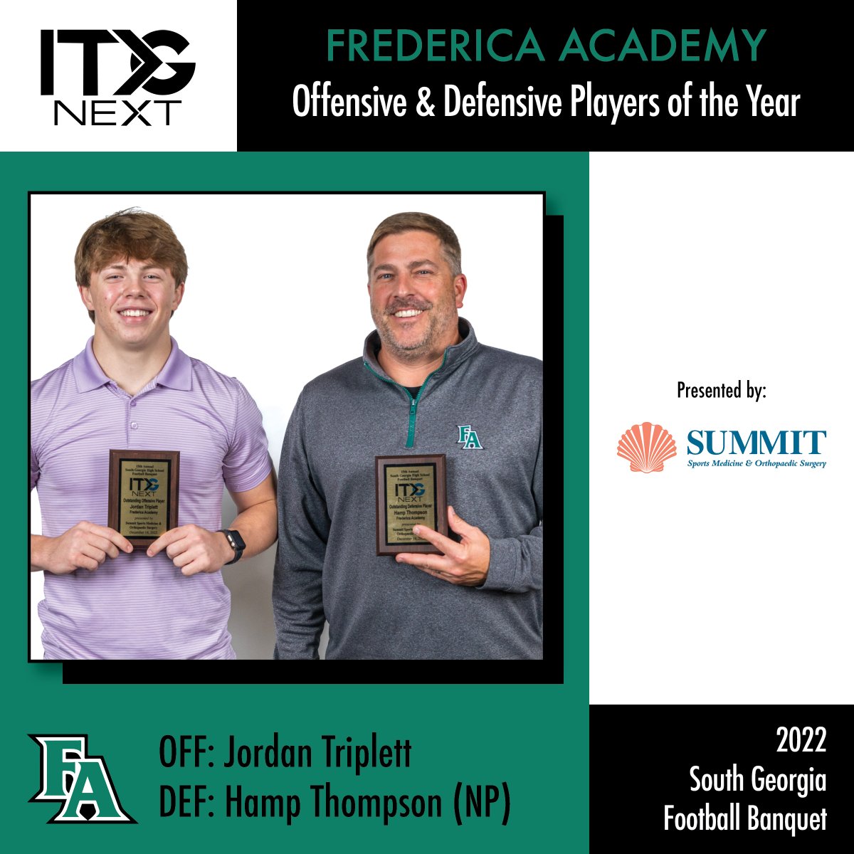 itgnext_georgia's tweet image. Congratulations to Frederica Academy, McIntosh Co. Academy, and Glynn Academy's Offensive and Defensive Players of the Year!

Presented by Summit Sports Medicine #sponsored

@jbtriplett4 @hampthompson12 @CampbellJareese @lake2linton @tdev28 

@faknights @GATerrors @glynn_academy