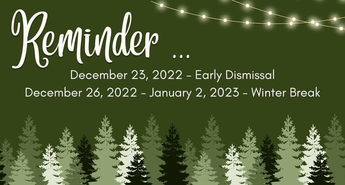 We hope you have a wonderful winter break!

As a reminder, release times for scheduled early dismissals (including December 23, 2022) are listed on our website at cvschools.org/BTSresources and in our recent Wednesday Roundup e-newsletters.