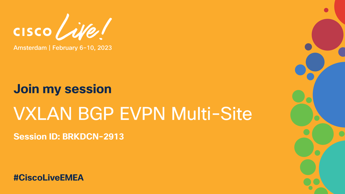 After a 45min version <a href="/CiscoLive/">CiscoLive</a> we are going to make this 90min for #CiscoLiveEMEA ... join me <a href="/CiscoLiveEMEA/">Cisco Live EMEA</a> for some "VXLAN BGP EVPN Multi-Site" that expands beyond just the architecture. There will be packet walks😀 ciscolive.com/emea/learn/ses…