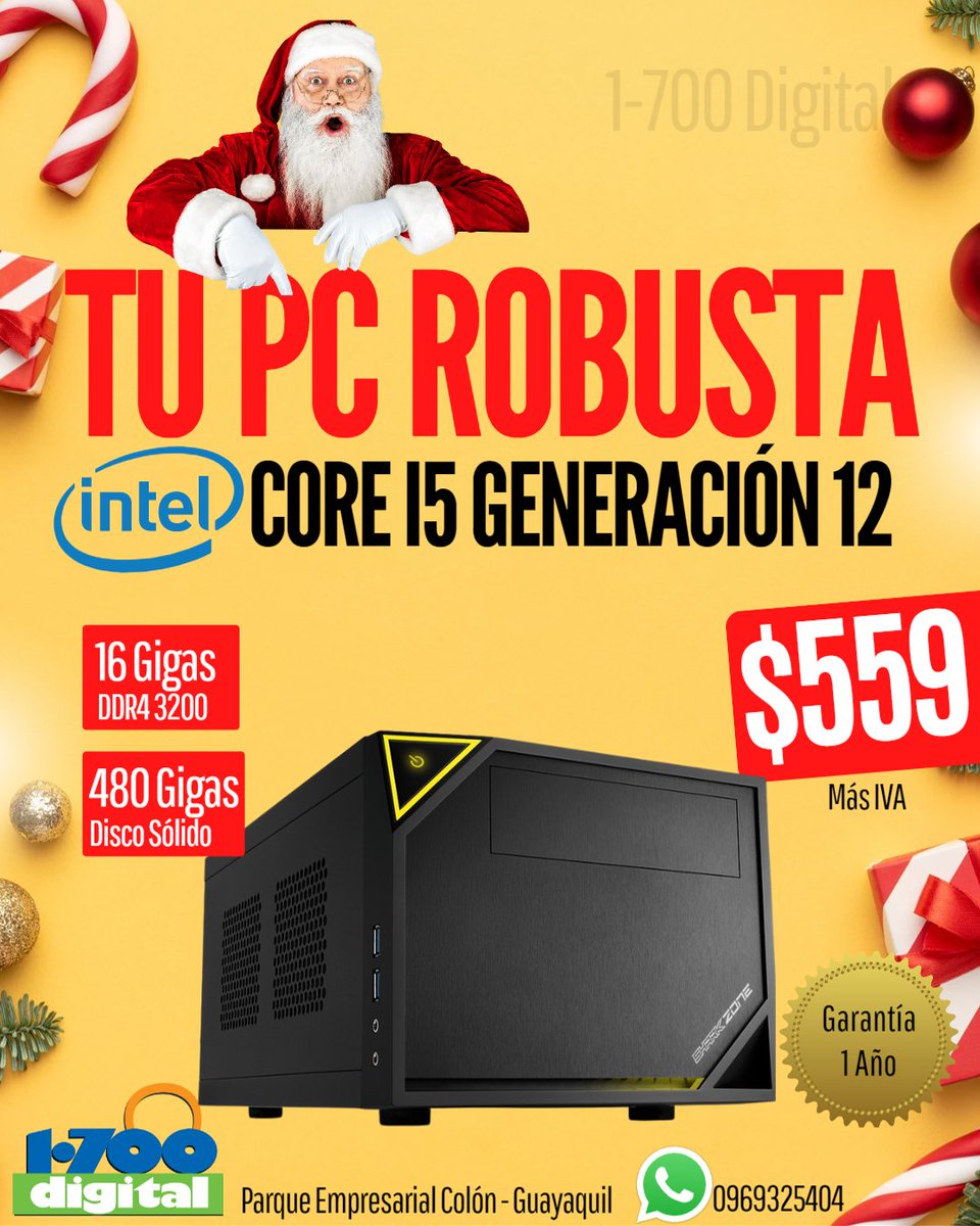 Una PC Robusta, Core i5 de generación 12,  con 16GB RAM y disco Sólido 480 Gigas...
Valor $559 más iva.

🏢 1-700 Digital S.A. Parque Empresarial Colon, local 4.  Urdesa Norte, Guayaquil.

👉Mapa: g.page/1700digital-Ec…

📞Whatsapp wa.me/593969325404 ó 0994360181