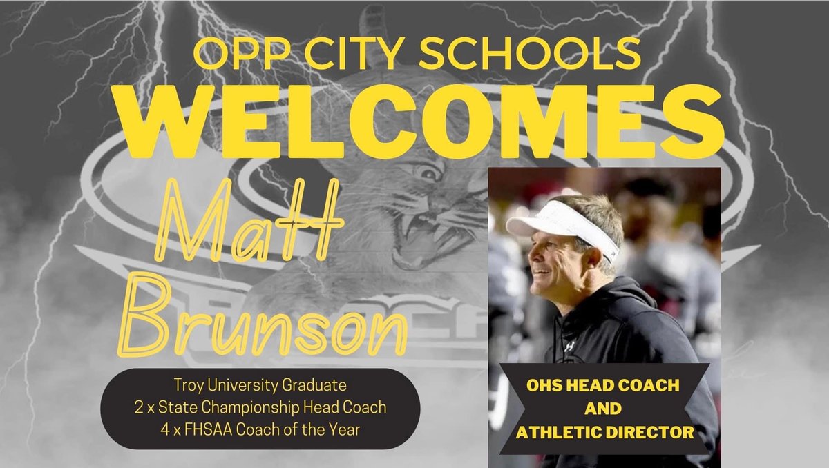JoshHall9879's tweet photo. Opp City Schools has hired Coach Matt Brunson as the new head football coach! Coach Brunson is a graduate of Baker High School and Troy University. He is a 2 time State Championship Head Coach and 4 time FHSA Coach of the Year! #ToTheO @brunsonm46  @JMac_Sports @WTVY4Sports https://t.co/3nwEBTGQpJ