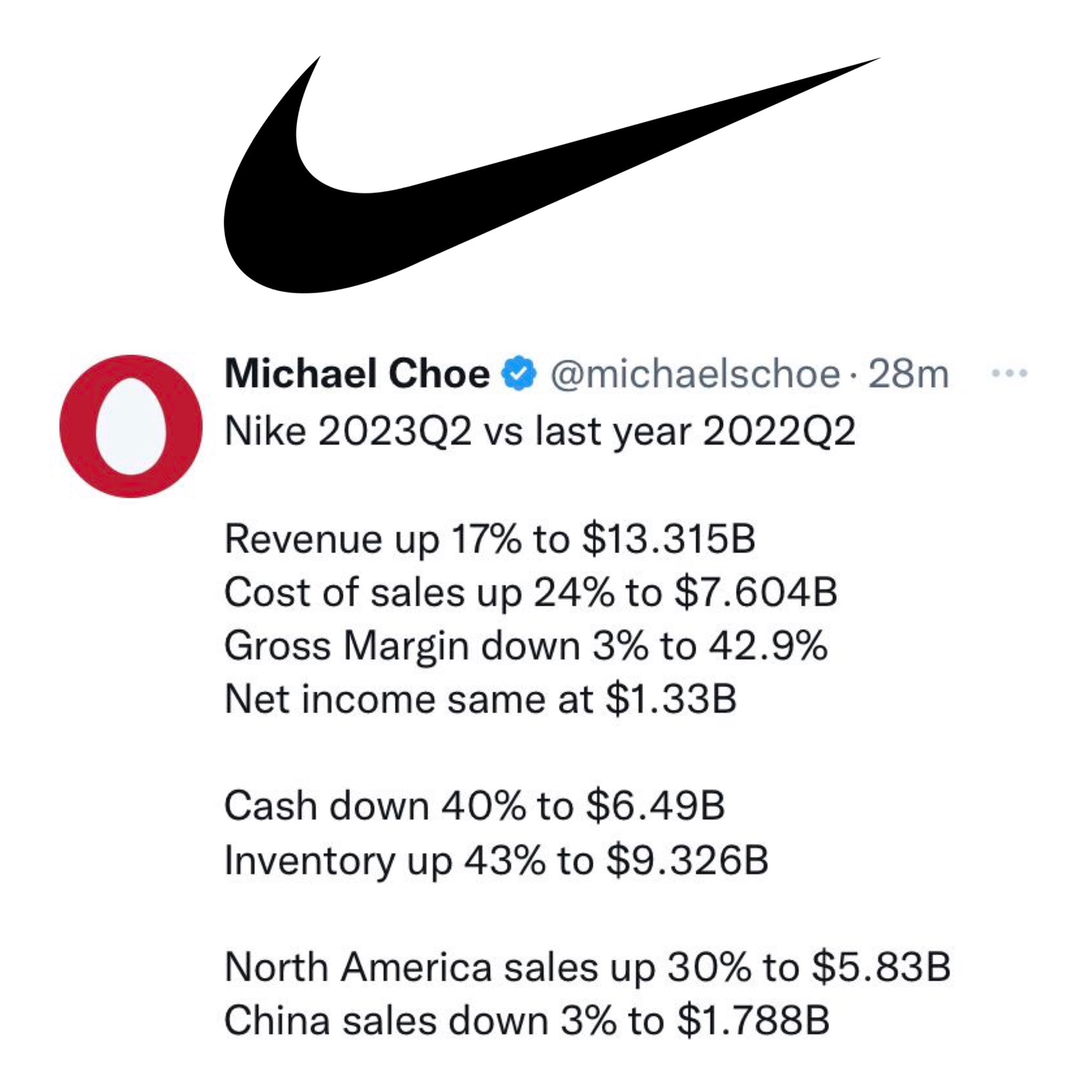 Ovrnundr on Twitter: "Nike 2023Q2 vs last year 2022Q2 “Nike is desperate for cash. They have too much inventory.” Expect to see more retros hitting outlets and more volume to flow