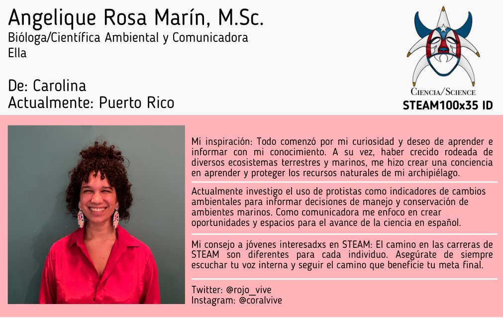 ¡Feliz Martes!🎉Hoy resaltamos a la científica Angelique Rosa Marín (<a href="/rojo_vive/">Angelique Rosa Marín, M.Sc.</a>), quien se desempeña como Bióloga, Científica Ambiental y Comunicadora. Su consejo: “Asegúrate de siempre escuchar tu voz interna y seguir el camino que beneficie tu meta (profesional) final.”🎉🇵🇷💪🏽