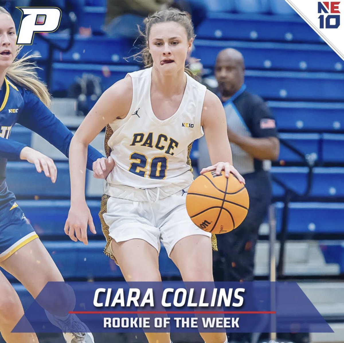 A big congrats to Ciara Collins on earning NE-10 ROOKIE OF THE WEEK! 🤩🐕

👉 Collins averaged 11.5 pts &amp; 4 rebs on 43.5% shooting in a 2-0 week for #pacewbb. 

🤝 Her best game of the week was a 17-point, 5 reb performance in a win over Felician. 
#gosetters #rookieoftheweek🏀