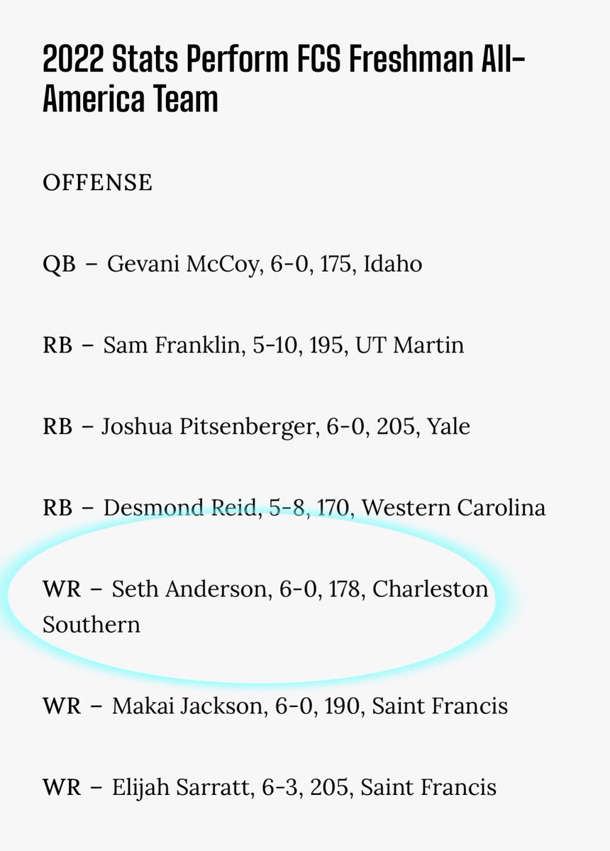 Blessed to be apart of the <a href="/StatsPerform/">Stats Perform</a> FCS Freshman All-American Team ! #AGTG