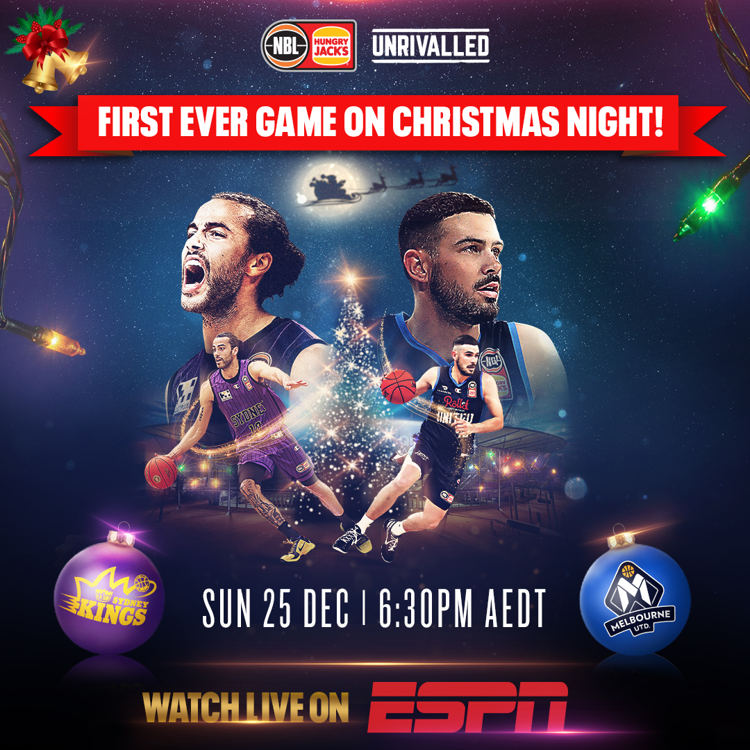 ESPNAusNZ's tweet photo. Deck the halls? Nah. Deck the 𝙝𝙤𝙤𝙥𝙨 🎄

Tune into the first ever sporting event in Australia to be held on Christmas Day. The @NBL is live from 6:30pm AEDT 🙌

📺 Watch #NBL23 live on ESPN. https://t.co/2Kf3s5RPYC