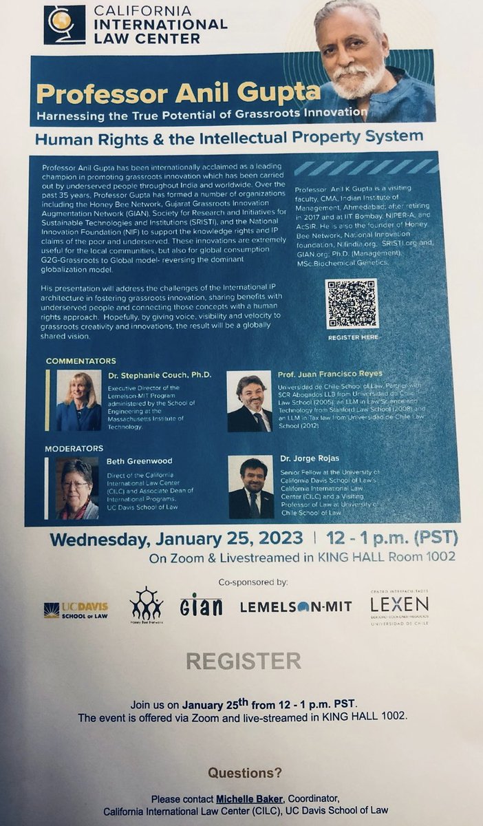 anilgb's tweet photo. Welcome to the discussion on #harnessing the true potential of #grassroots #innovation in the context of human rights &amp; intellectual property systems #ipr #california law forum @honeybeenetwork @UNDPAccLabs @giangujarat @SRISTIORG @ucdavis @IndiaDST @CSIR_IND @rameshmashelkar https://t.co/tbzVC7uOCX