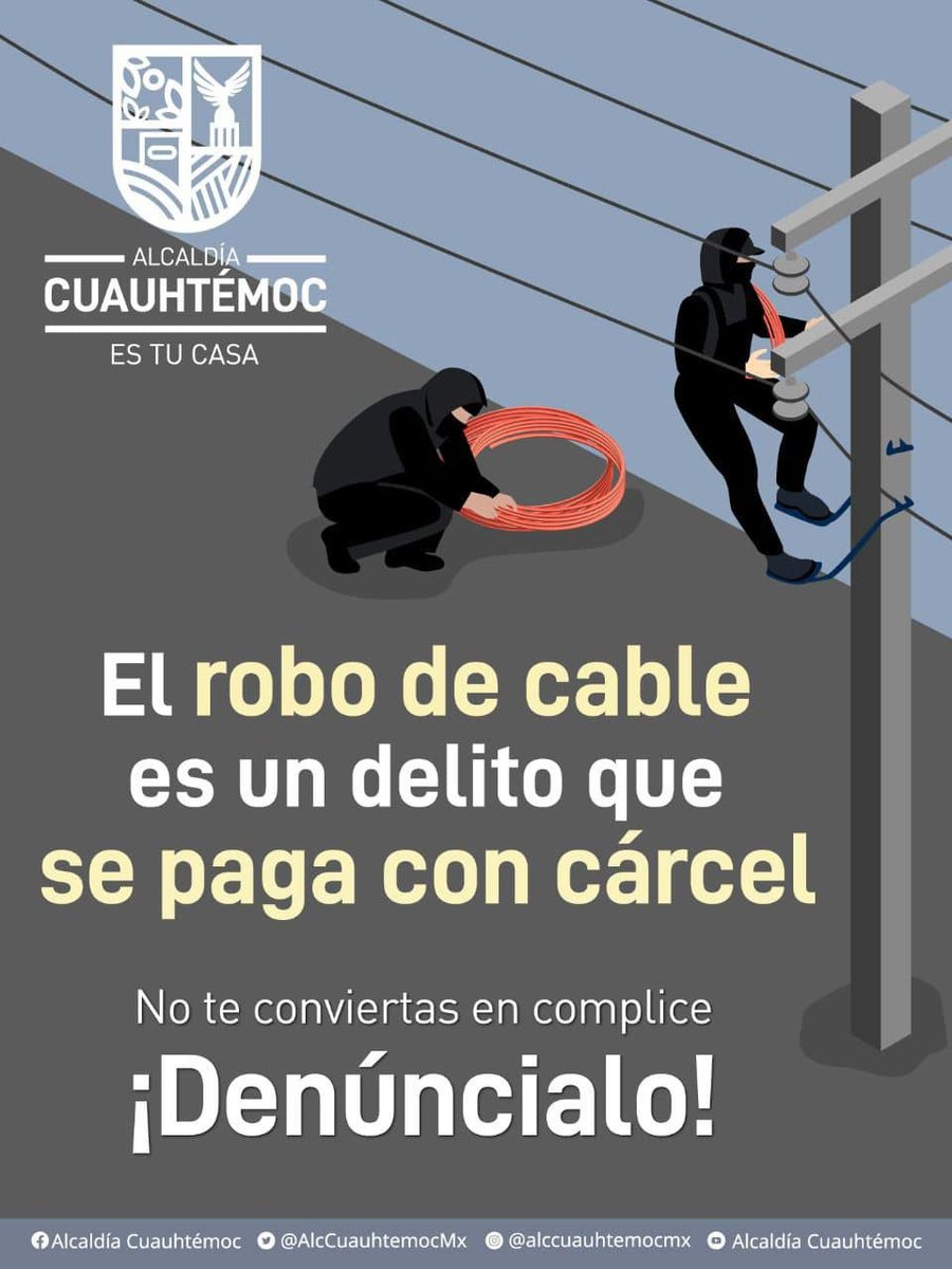 AlcCuauhtemocMx's tweet photo. ¡No te quedes callado!
Muchos de los inconvenientes relacionados con el alumbrado son provocados por el #RoboDeCable, ¡denuncia! https://t.co/Po7X72Df9Y