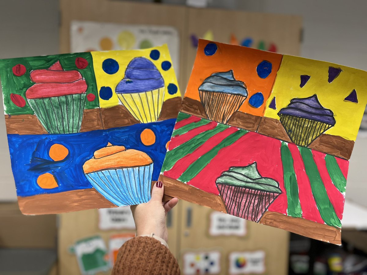 artwithyospin's tweet photo. Wrapped up our color unit! Here’s first grade primary/secondary colors ice pops, 2nd grade complementary color cupcakes, and 3rd grade warm/cool fish. #elementaryart #artteacher #colortheory #elementaryprojects #arteducation https://t.co/F0pni5dl7l