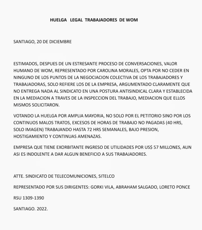 PiensaPrensa's tweet photo. Trabajadores (as) WOM @womchile INICIARON huelga legal tras proceso de conversaciones. Denuncian malos tratos, exceso de horas de trabajo, hostigamiento y amenazas. 
Comunicado 👇 https://t.co/Dsxm0q2gYw