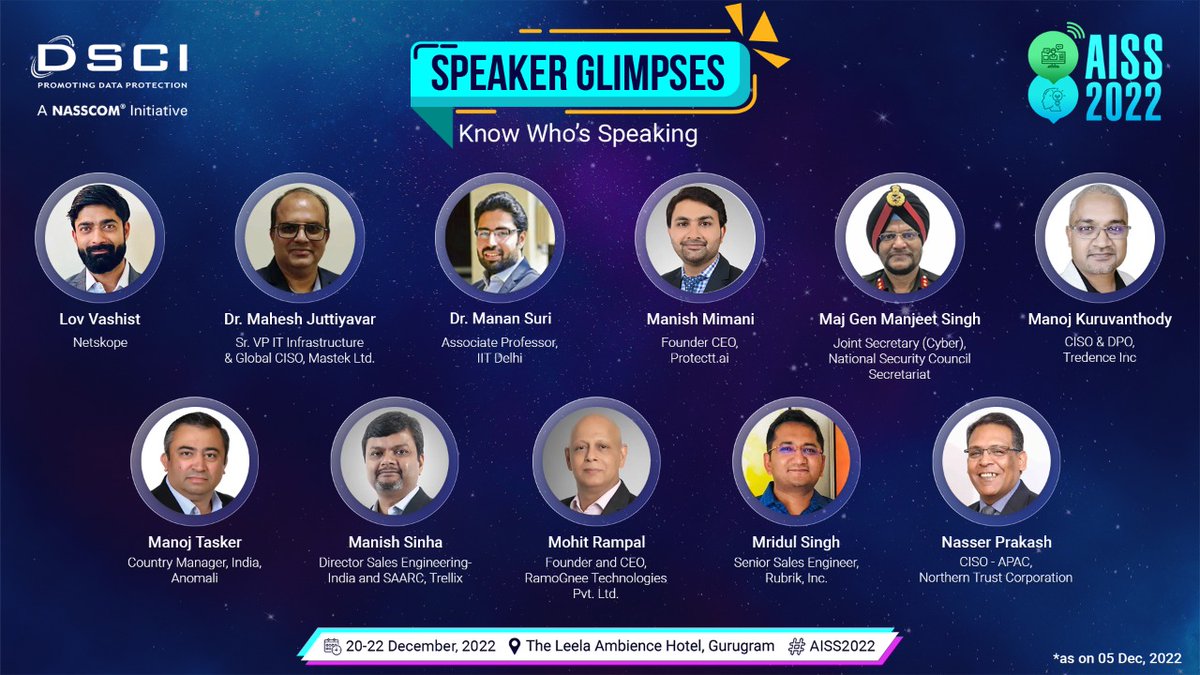 DSCI_Connect's tweet photo. Witness it all at #AISS2022📍Day 2

From eminent #speakers joining us to subject-driven #masterclasses and highly engaging sessions. See you there! 

@nasscom @NASSCOM_Member_  #OnGroundEvent #CyberSummit #CyberSecurity #Privacy #DataProtection https://t.co/byUfPtasgm