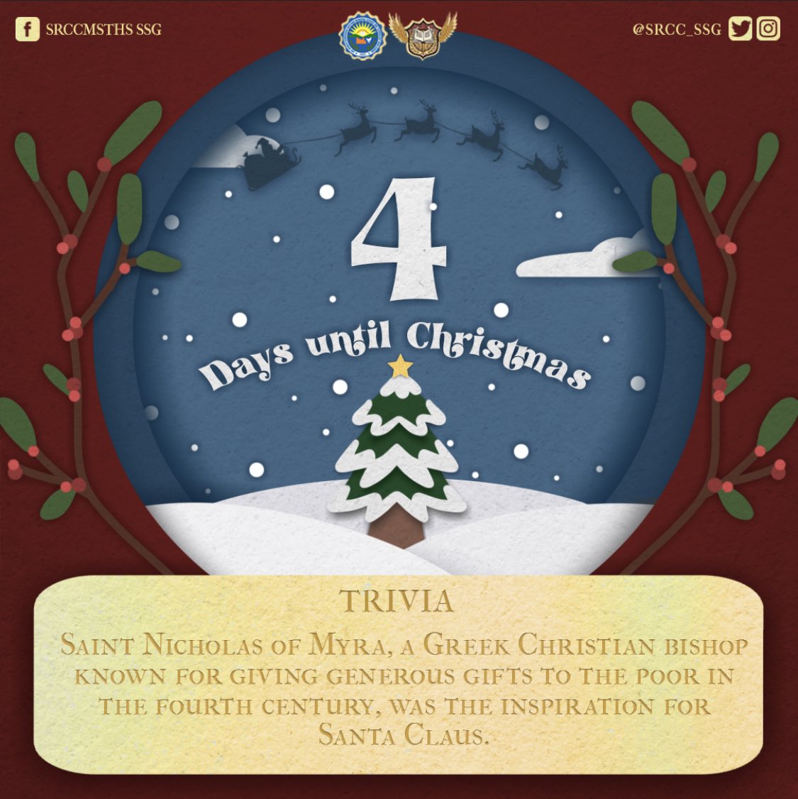 srcc_sslg's tweet photo. 𝟒 𝐝𝐚𝐲𝐬 𝐮𝐧𝐭𝐢𝐥 𝐜𝐡𝐫𝐢𝐬𝐭𝐦𝐚𝐬! 🗓✨

Less than a hundred hours left until Christmas! 96 to be exact! 🥳🎉

Take a look! We’ve got another trivia for you to read as you wait!

#Happy_New_Year_2023
#SRCCMSTHS_SSG https://t.co/nOeNgR9Jx5