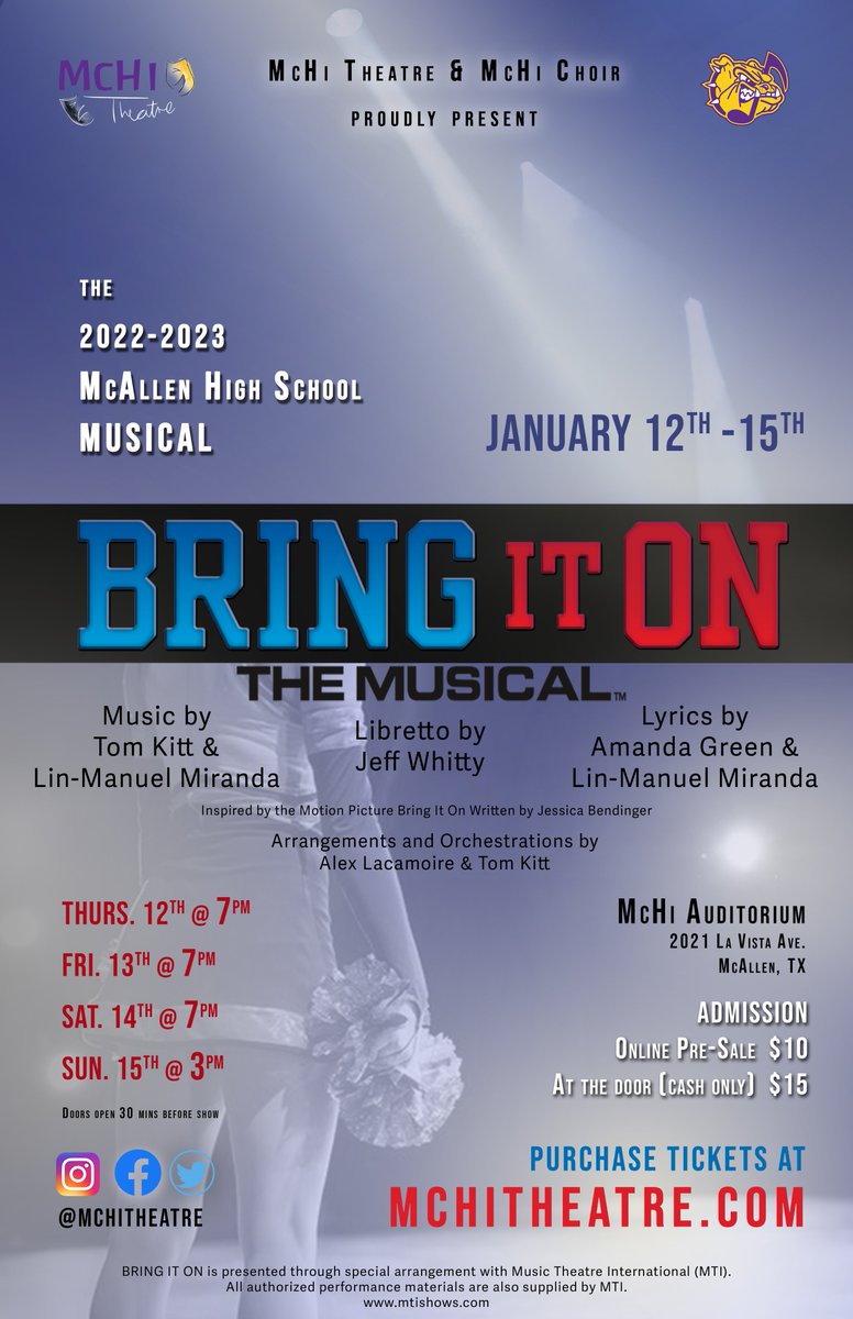 Just a few weeks away from a truly unforgettable musical experience that you will not want to miss! 

BRING IT ON: THE MUSICAL is  Jan 12-15.
Get your pre-sale tickets online now for $10. 

BringItOnMusical.Eventbrite.com 

<a href="/McHiPride/">Dr. Albert Canales</a> <a href="/McallenHigh/">McAllen High School</a> <a href="/mcallenfinearts/">McAllen ISD Fine Arts</a> <a href="/mchichoirprogr1/">mchichoirprogram</a>