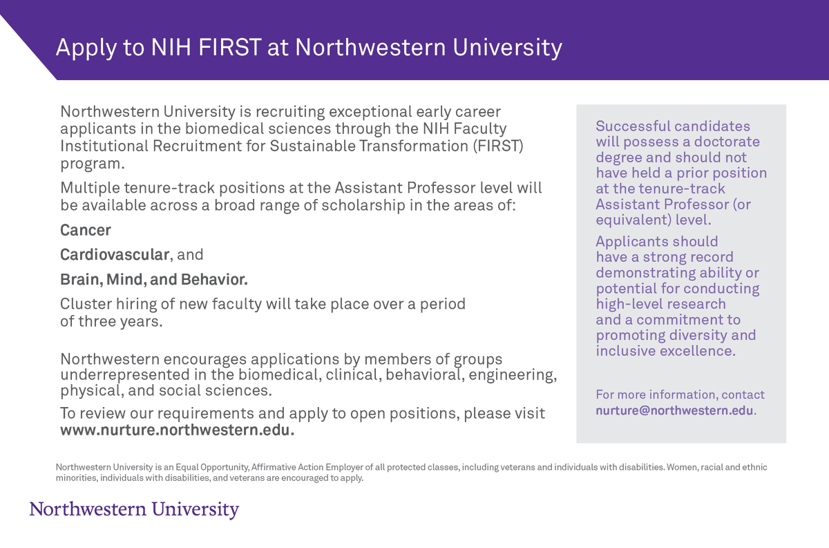 NURTURE Program at Northwestern University (@nu_nurture) on Twitter photo Are you an early career scientist interested in Cancer, Cardiovascular, or Brain, Mind, and Behavior? Apply to tenure-track assistant professor positions at <a href="/NorthwesternU/">Northwestern</a> <a href="/NUFeinbergMed/">Northwestern Feinberg School of Medicine</a> <a href="/NorthwesternEng/">Northwestern Engineering</a> via Northwestern's #NIHFIRST Program➡️nurture.northwestern.edu/open-positions… #MedTwitter Are you an early career scientist interested in Cancer, Cardiovascular, or Brain, Mind, and Behavior? Apply to tenure-track assistant professor positions at <a href="/NorthwesternU/">Northwestern</a> <a href="/NUFeinbergMed/">Northwestern Feinberg School of Medicine</a> <a href="/NorthwesternEng/">Northwestern Engineering</a> via Northwestern's #NIHFIRST Program➡️nurture.northwestern.edu/open-positions… #MedTwitter